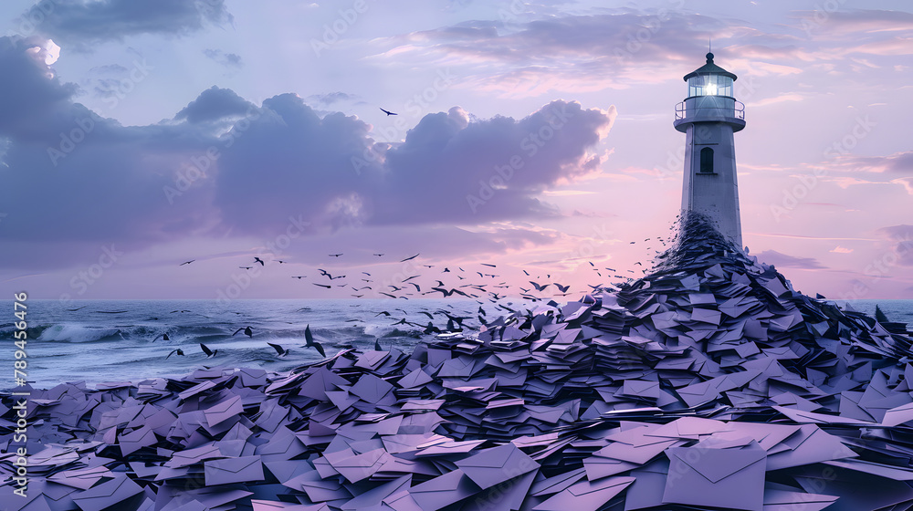 Poster a lighthouse stands firm on a boundless heap of emails. symbolizing the influence and allure of comm