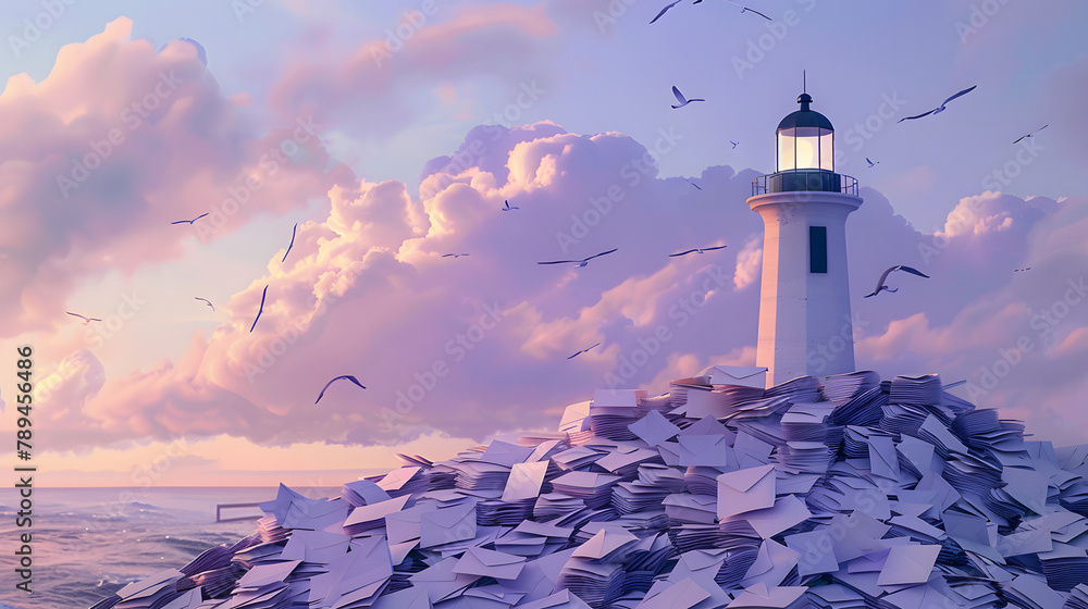 Poster a lighthouse stands firm on a boundless heap of emails. symbolizing the influence and allure of comm