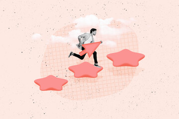 Creative picture collage young man running upwards achieve goal aim dream carry pointer arrow...