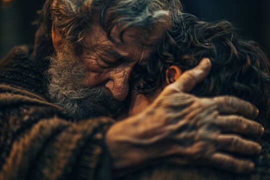 Father embracing his son, Bible story of the prodigal son.