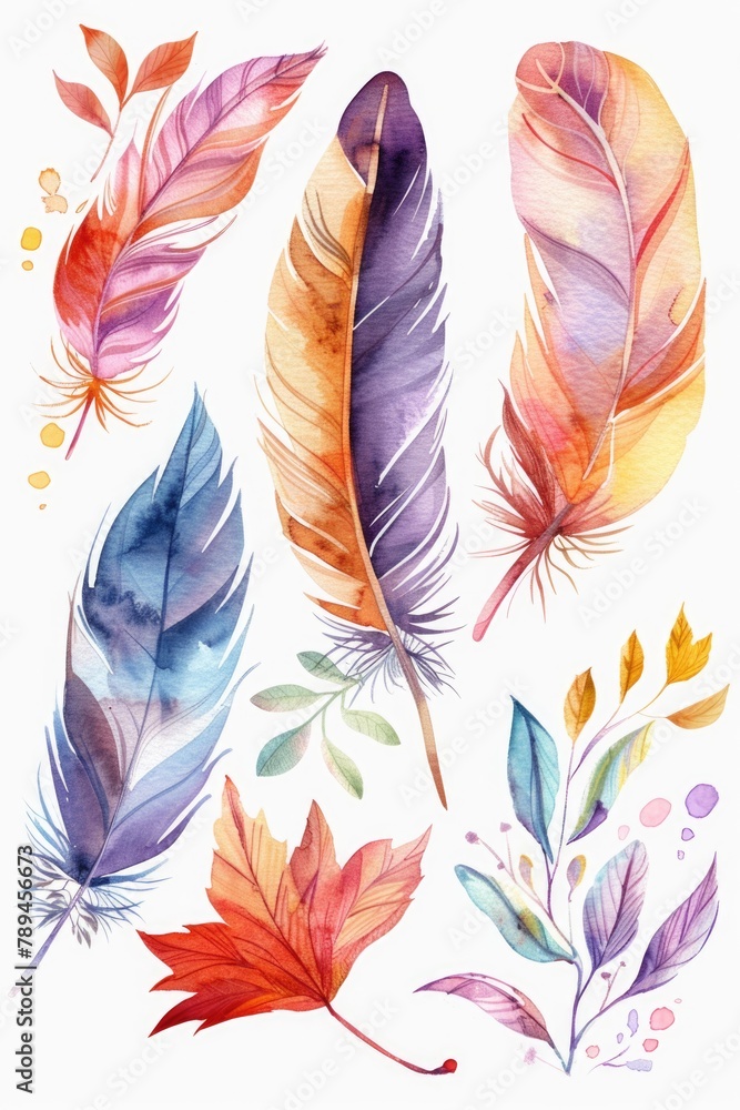 Poster colorful watercolor feathers set for various design projects