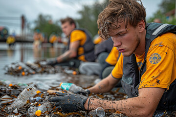 A group of activists organizing a plastic cleanup event to remove litter from rivers and oceans