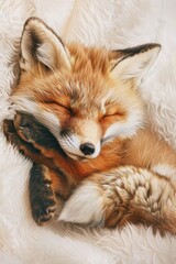 Fototapeta premium A peaceful image of a sleeping fox on a cozy blanket. Perfect for animal lovers or relaxation concepts