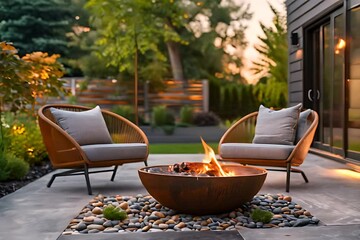 An outdoor patio with two modern chairs and an iron fire bowl, set against the backdrop of twilight lighting. The scene includes a small garden area in soft focus to add depth.