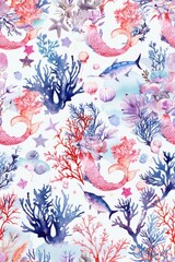 Fototapeta na wymiar A beautiful watercolor pattern of mermaids and corals. Perfect for children's products or fantasy-themed designs