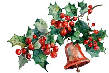 A beautiful watercolor painting of a bell and holly, perfect for holiday designs - obrazy, fototapety, plakaty