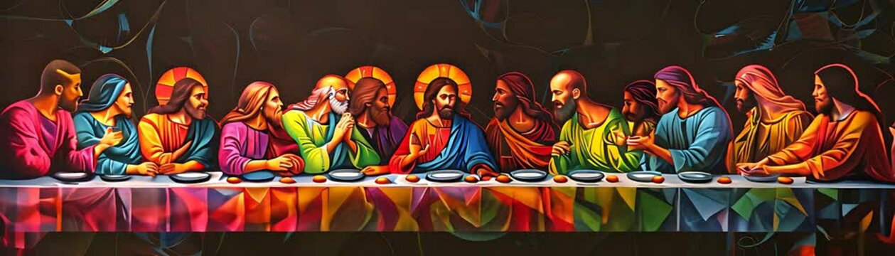 The Last Supper, a long table with Jesus and his disciples wearing bright colorful t-shirts.	