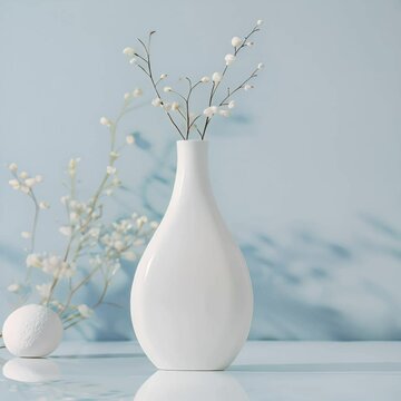 A minimalist still life image of a tall white vase with budding flowers in front of a pale blue background.
