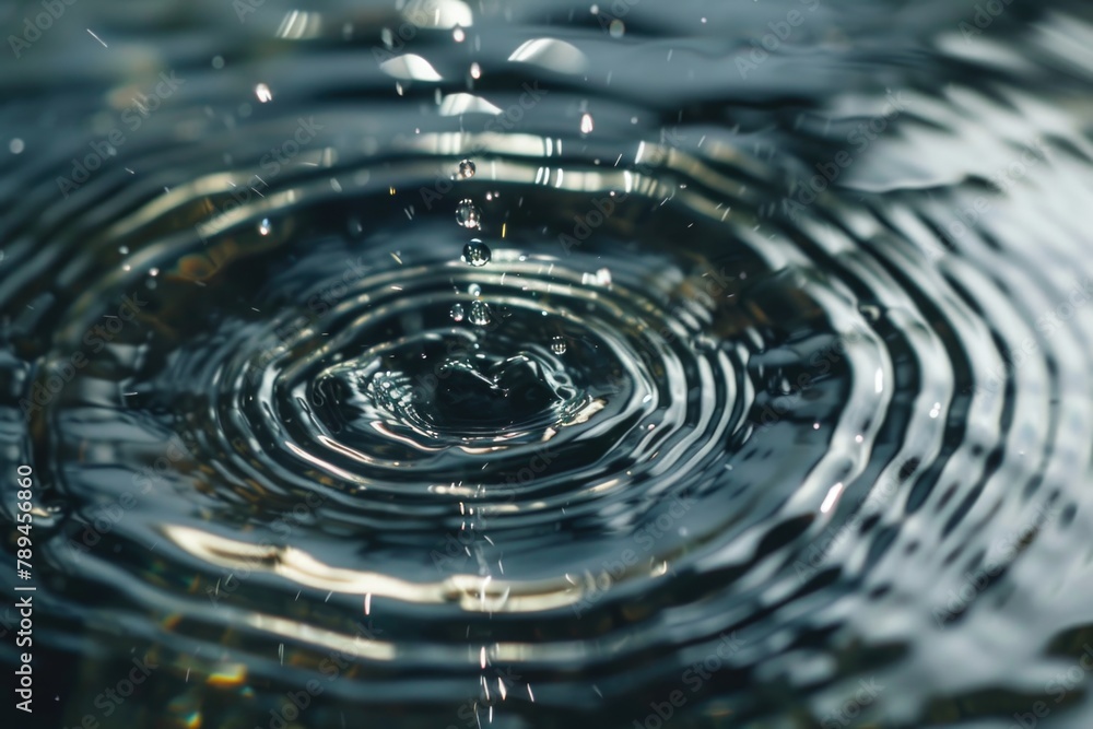 Poster a close up of a water drop in a body of water. suitable for nature and science concepts