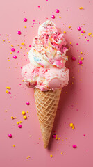 Colorful ice cream cone with pink and white scoops sprinkled with colorful topping on pink background