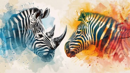 Naklejka premium A painting of two zebras standing side by side. Perfect for wildlife enthusiasts or nature lovers