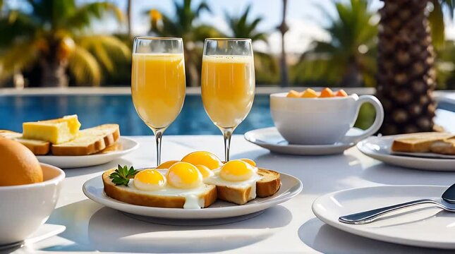 Mimosa's in champagne glass, on white modern table, breakfast plate of eggs, fruit and toast, blurred palm trees in background.