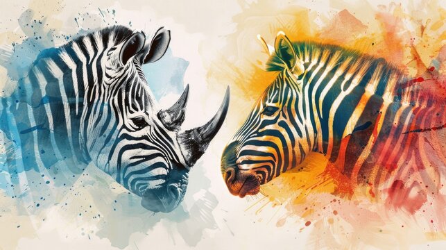 A painting of two zebras standing side by side. Perfect for wildlife enthusiasts or nature lovers