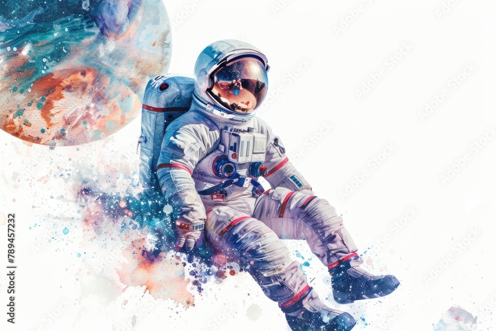 Aufkleber Astronaut in spacesuit with planet backdrop, suitable for science fiction concepts