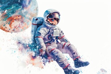 Astronaut in spacesuit with planet backdrop, suitable for science fiction concepts - obrazy, fototapety, plakaty