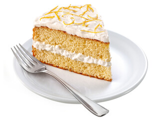 prato com bolo de baunilha recheado com creme chantilly e cobertura de raspas de laranja isolado em fundo transparente