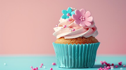 birthday Cupcake delicious and sweet marzipan flower on pink and blue background