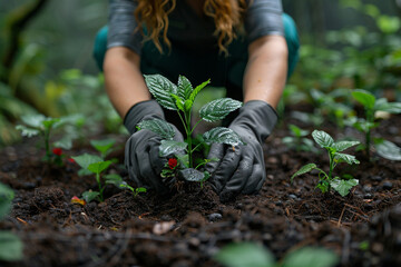 A volunteer planting native trees in a reforestation project, restoring ecosystems and combating deforestation