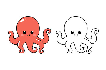 Hand drawn cute octopus. Marine life animals. Coloring page template