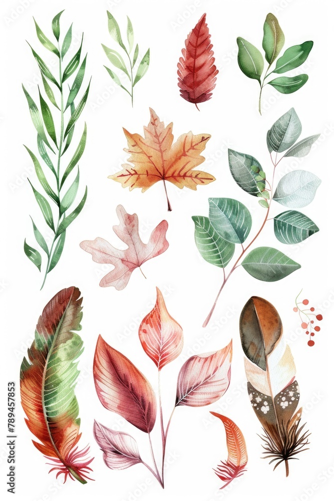 Poster a collection of watercolor leaves on a white background. suitable for various design projects