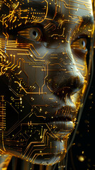 Close-up of circuit-patterned humanoid face with a techno-futuristic look.