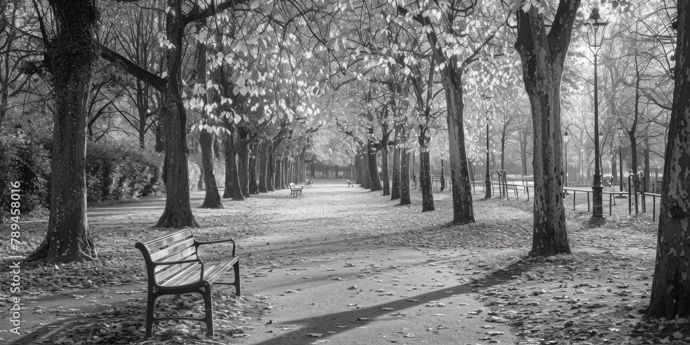 Poster A simple black and white photo of a park bench. Suitable for various design projects