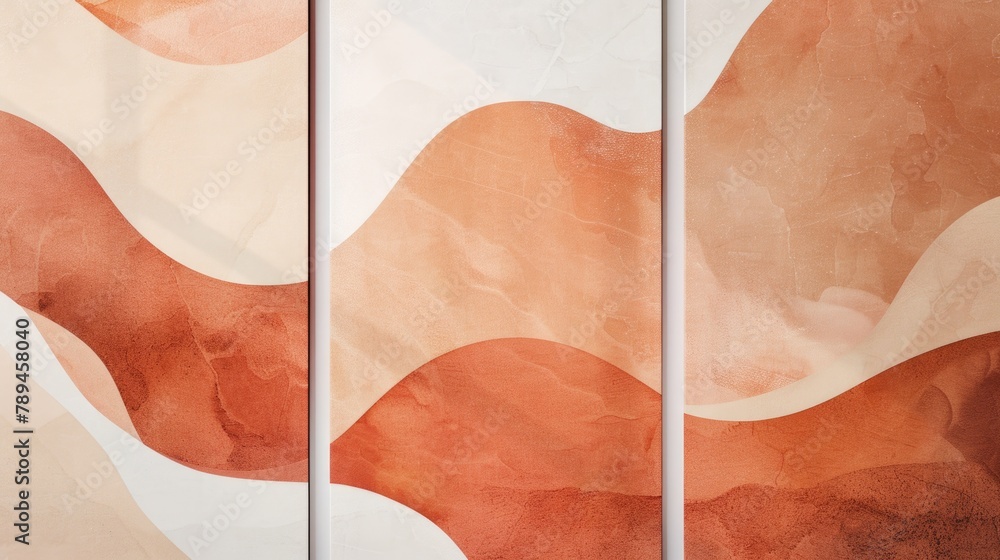 Poster three panels of a painting displayed on a wall. suitable for interior design concepts