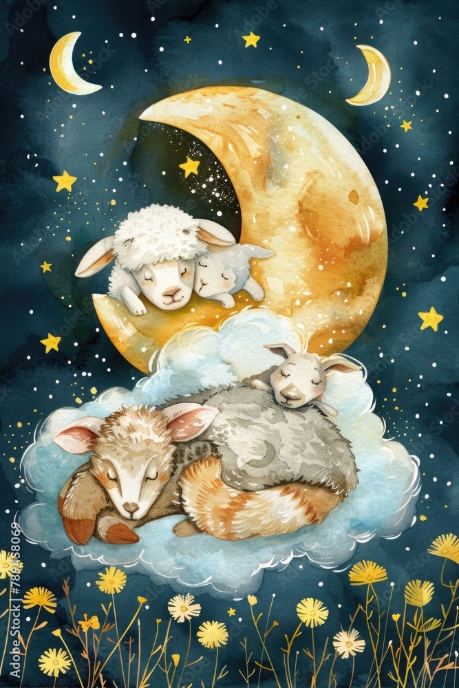 Poster peaceful scene of sheep and lambs sleeping on a fluffy cloud. suitable for children's books or relax
