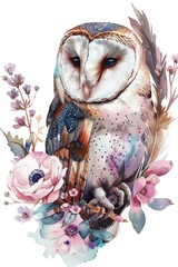 Beautiful watercolor painting of an owl surrounded by colorful flowers. Perfect for nature lovers and bird enthusiasts