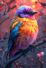colorful bird perching on tree branch caption, in the style of fantastic realism, colorful fantasy realism line neon art,generative ai