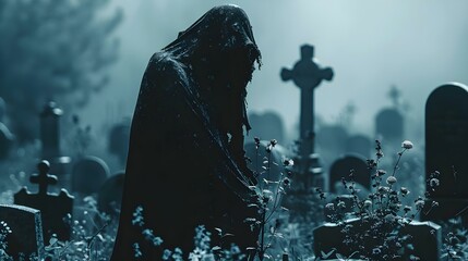 Enigmatic Specter amidst Midnight Graves. Concept Enigmatic, Specter, Midnight, Graves - obrazy, fototapety, plakaty