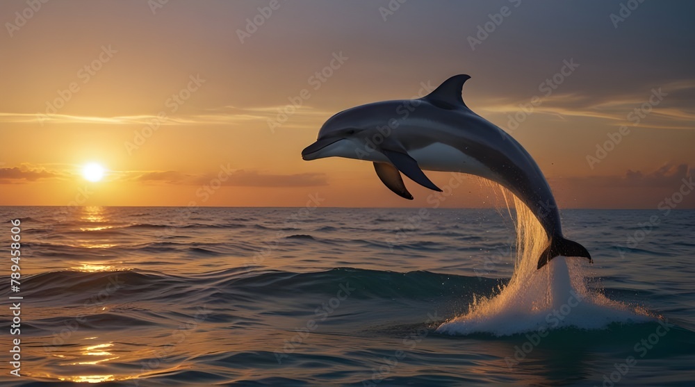 Wall mural beautiful dolphin leaping jumping from shining sunset sea water surface.generative.ai  - Wall murals