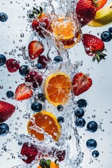 Fresh fruits dropping into clear water, perfect for healthy lifestyle concept