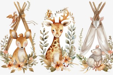 A giraffe sitting next to a teepee with various other animals. Suitable for wildlife and nature themes