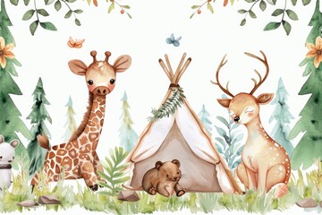 A unique and playful image of a giraffe, bear, and teepee