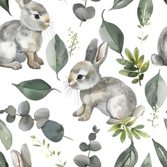 A beautiful watercolor painting of a rabbit surrounded by eucalyptus leaves. Perfect for nature and animal lovers
