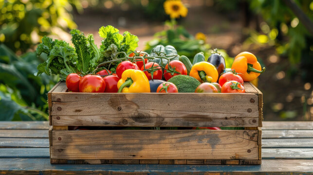 wooden box full of colorful vegetables on table in a garden. wooden crate of farm fresh vegetables