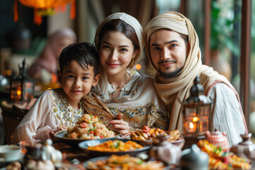 Family unites for Iftar in the dining room, surrounded by a selection of traditional Ramadan dishes laid out on the table