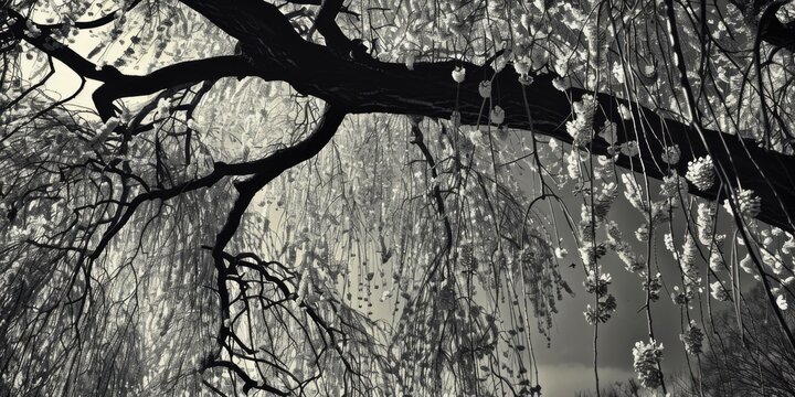 A striking black and white photo of a weeping tree, perfect for various design projects