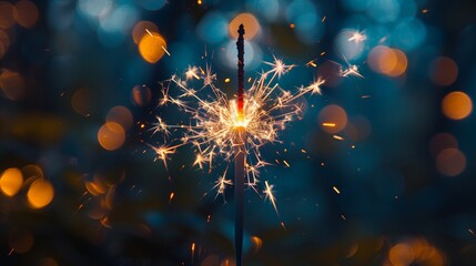 4th of July, Independence Day greeting card background banner. Sparkler radiates a firework of golden sparks, its brilliance set against the hazy twilight of a serene night. - obrazy, fototapety, plakaty