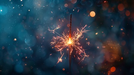 4th of July, Independence Day greeting card background banner. Sparkler radiates a firework of golden sparks, its brilliance set against the hazy twilight of a serene night.