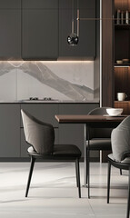 Fototapeta premium Modern minimalist style, dining table with chairs and kitchen cabinets in the background, high-end gray color scheme, soft lighting, wooden grain texture, contemporary furniture design.