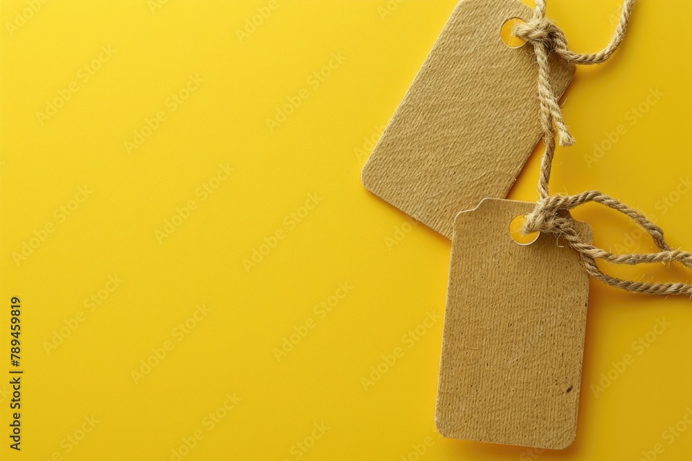 Poster Two tags tied to a string on a vibrant yellow background. Suitable for various design projects