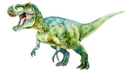 Detailed watercolor painting of a dinosaur with its mouth open. Ideal for educational materials or children's books