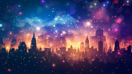 Ethereal 4th of July Themed Fireworks and Starry Sky Above City Silhouette. - obrazy, fototapety, plakaty