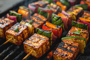 Tofu and vegetable kebabs on a sizzling grill, outdoor barbecue