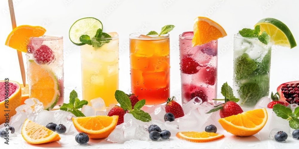 Poster Various beverages with fresh fruit slices and ice cubes. Suitable for menu design or summer party invitations