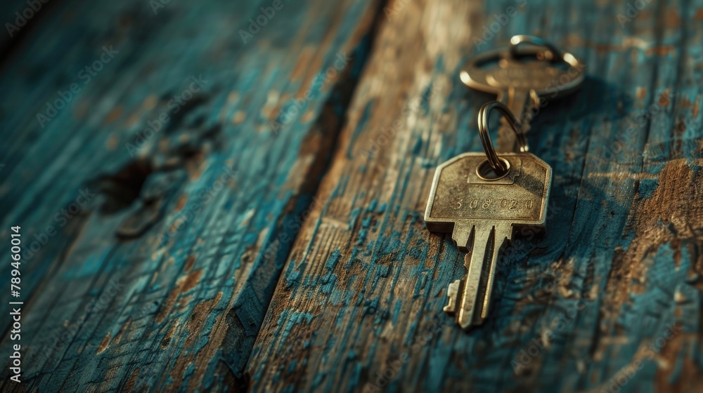 Poster bunch of keys on a wooden table, suitable for various concepts