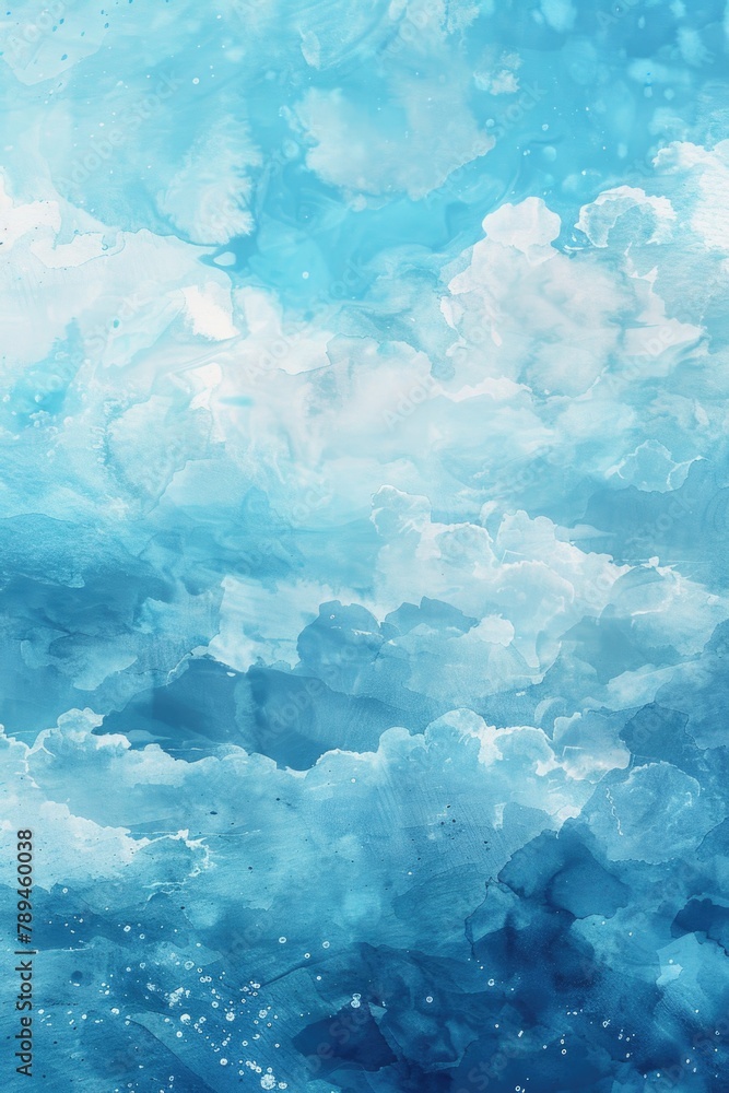 Poster a serene painting of a blue sky with fluffy clouds. suitable for various design projects