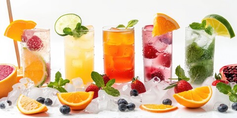 Various beverages with fresh fruit slices and ice cubes. Suitable for menu design or summer party invitations